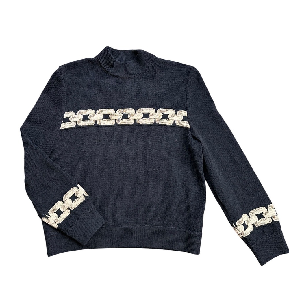 St. John Collection Marie Gray Sweater Women S Navy Blue Gold Chain Excellent